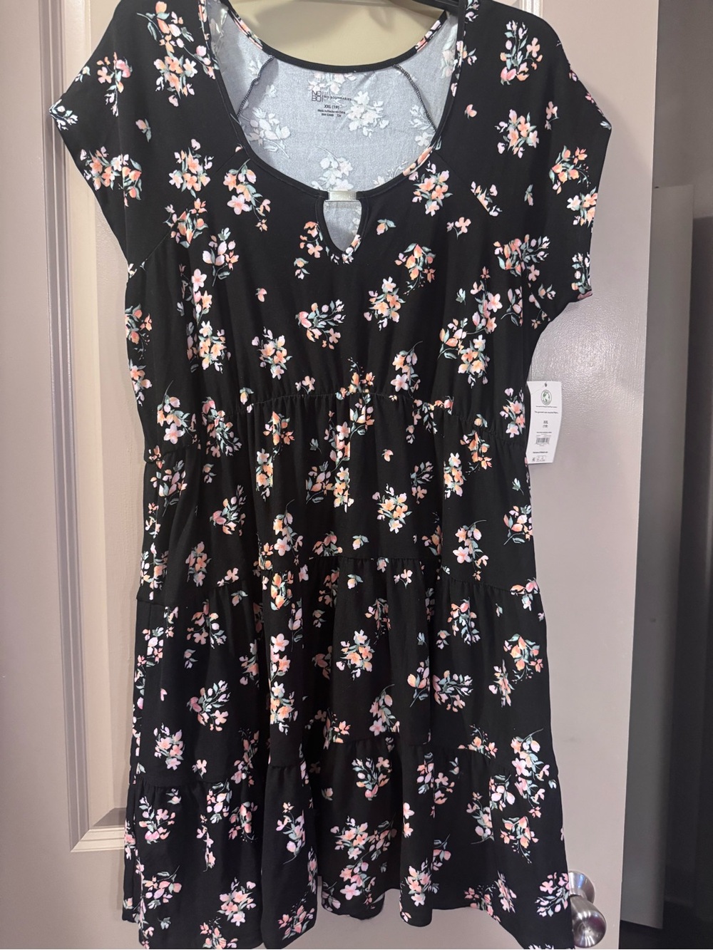No Boundaries Black Floral Tiered Dress with Pink and Cream Blossoms